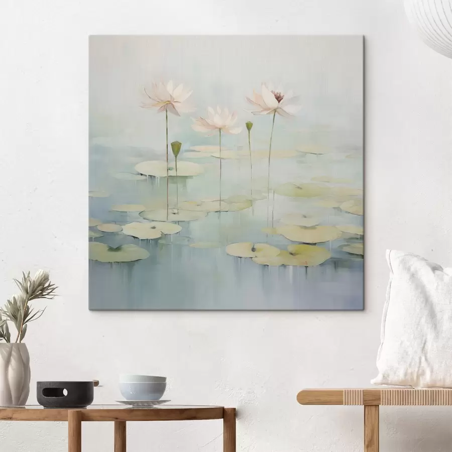 Glezna Lotosa lapas un ziedi uz dīķa s45350