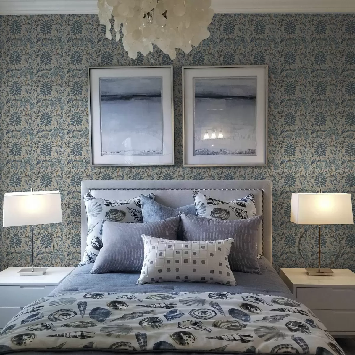 Tapetes Toile de Jouy stilā ar ziliem putniem un tropu kokiem a00382