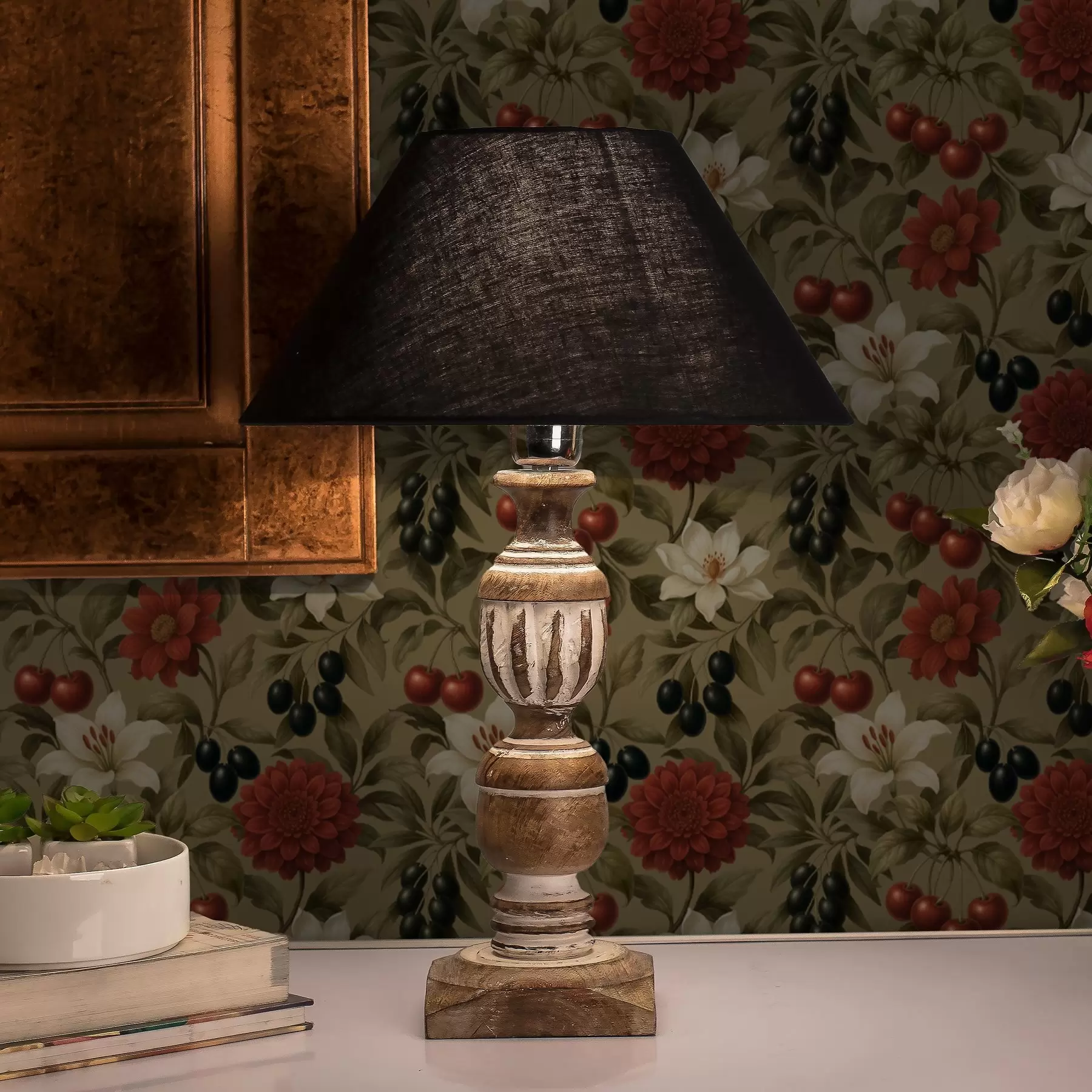 Fototapetes Ķirši, ziedi un melnās olīvas a00384