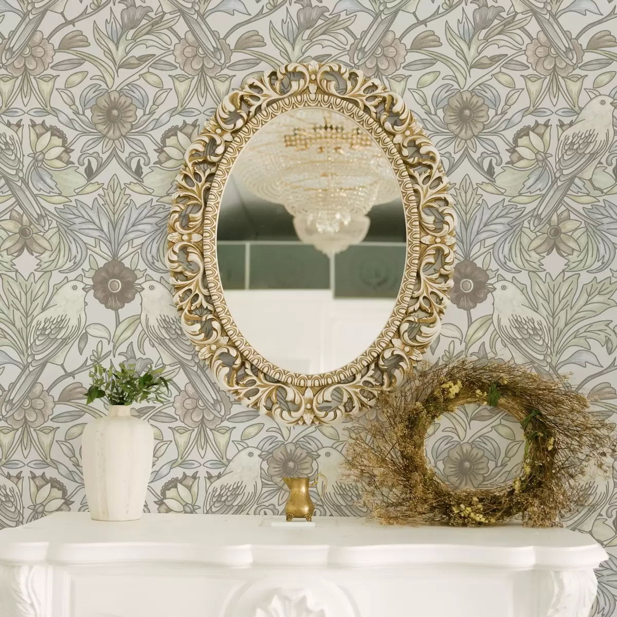 Tapetes Jūgendstila putni un pasteļstilēti ziedi a00385