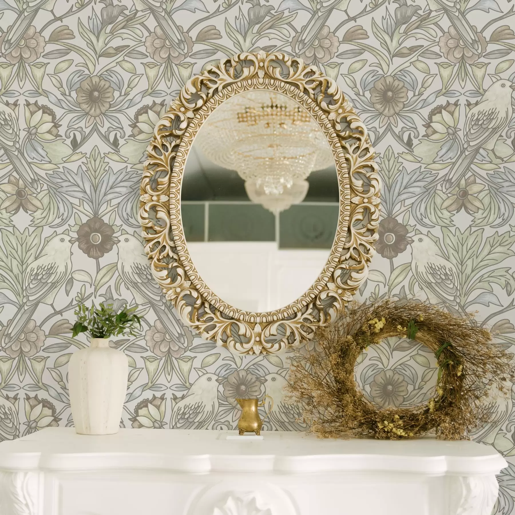 Fototapetes Jūgendstila putni un pasteļstilēti ziedi a00385