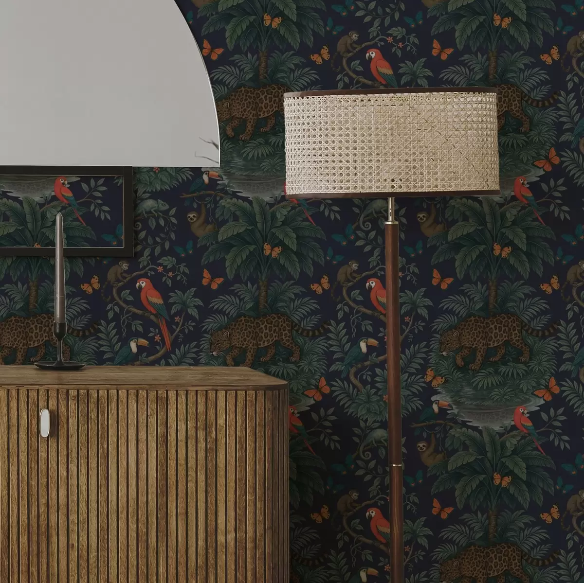 Tapetes Tropu džungļi ar leopardu, leopardu, papagaiļiem un tauriņiem a00388