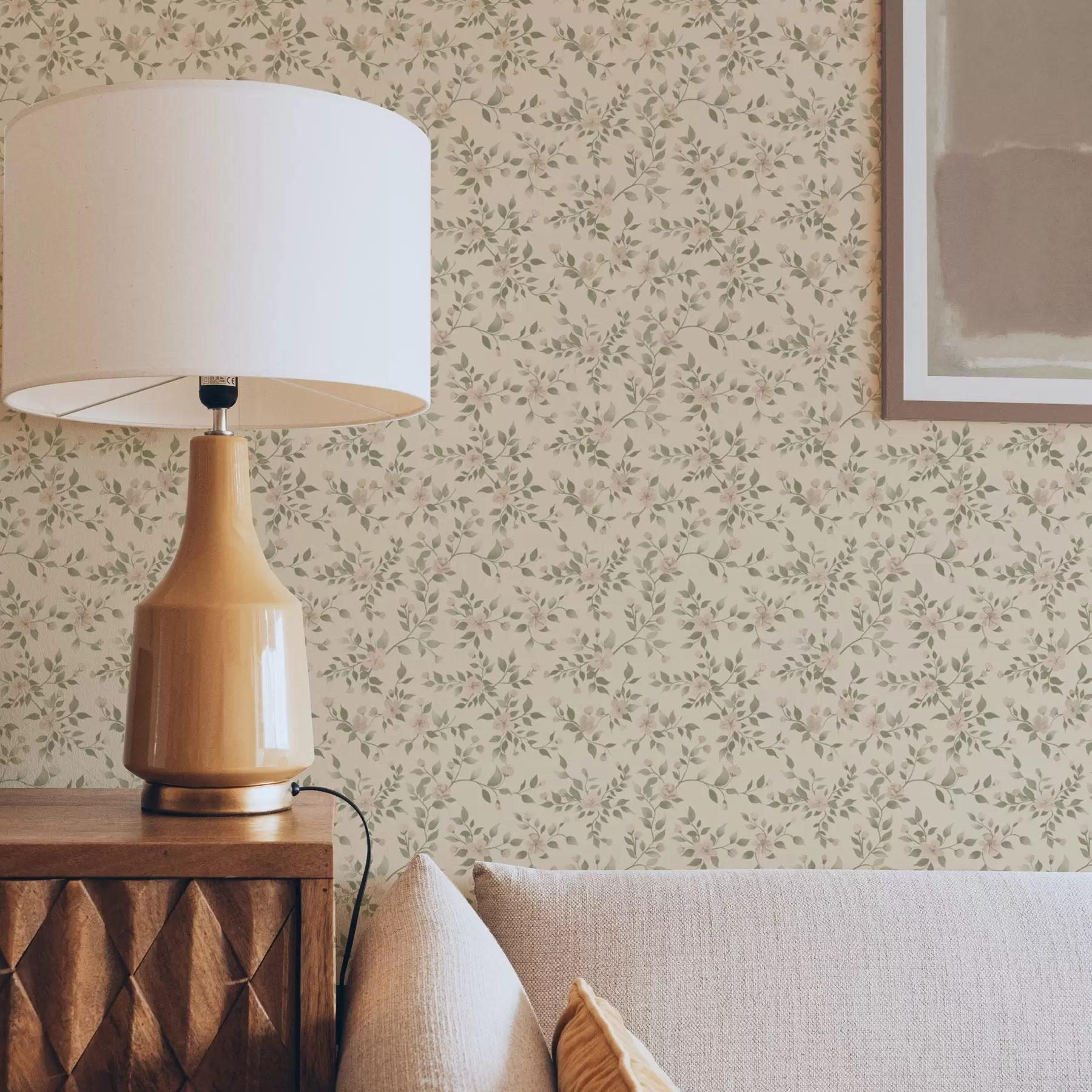 Fototapetes Smalki pasteļtoņu ziedu zari uz smilškrāsas fona a00390