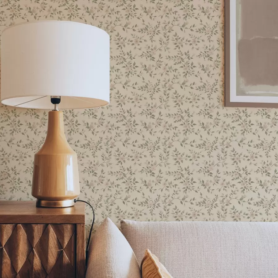 Fototapetes Smalki pasteļtoņu ziedu zari uz smilškrāsas fona a00390