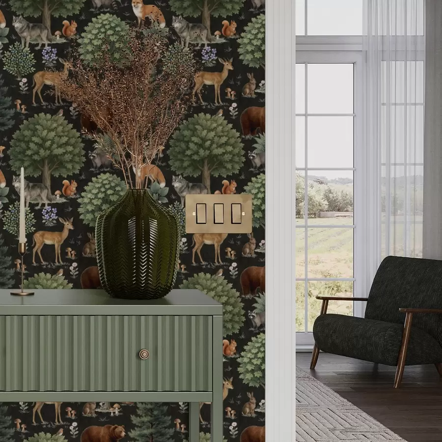 Fototapetes Akvareļu meža dzīvnieki ar kokiem un sēnēm a00391