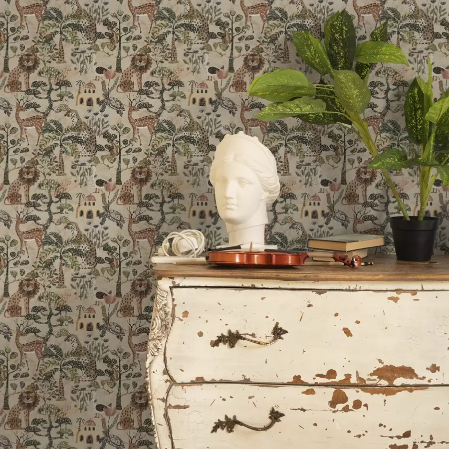 Fototapetes Safari dzīvnieki un savannas lapas siltos zemes toņos a00392