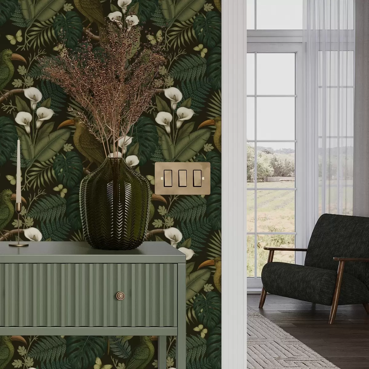 Tapetes Tropu putni un sulīgi zaļumi uz tumša džungļu fona a00397