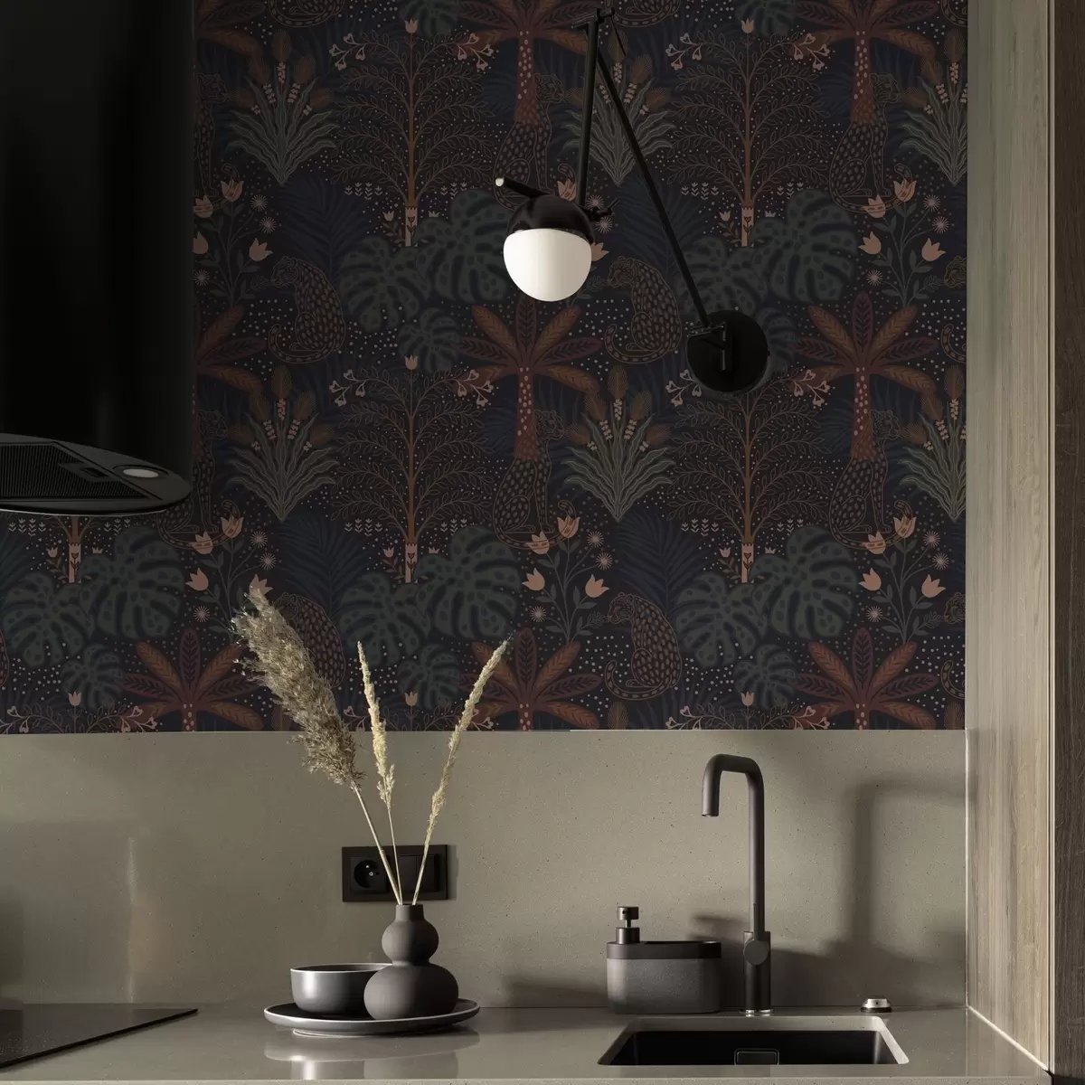 Tapetes Tumši džungļi ar leopardiem palmas un ziedi a00424