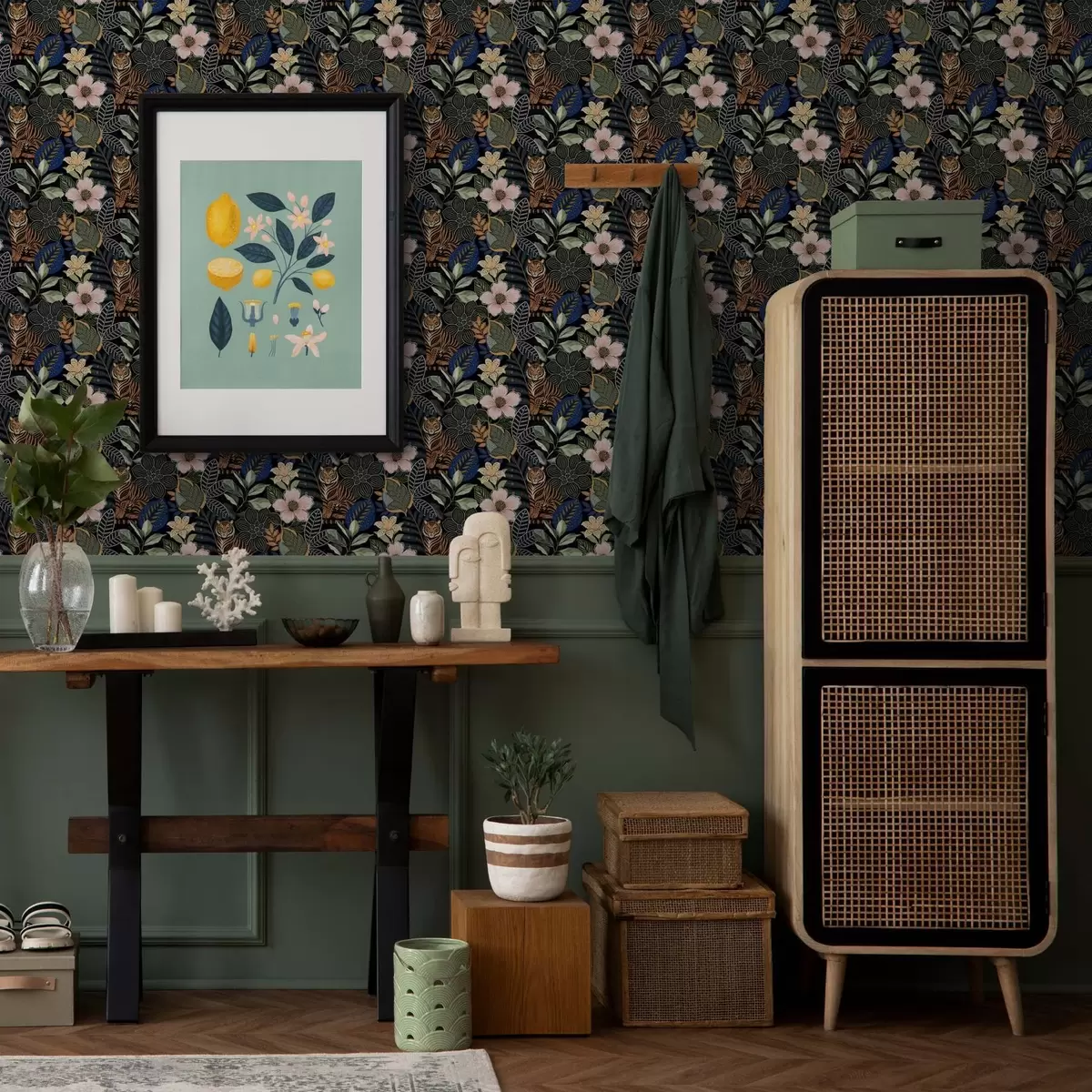 Tapetes Tīģeri starp košiem tropu ziediem un lapām a00426