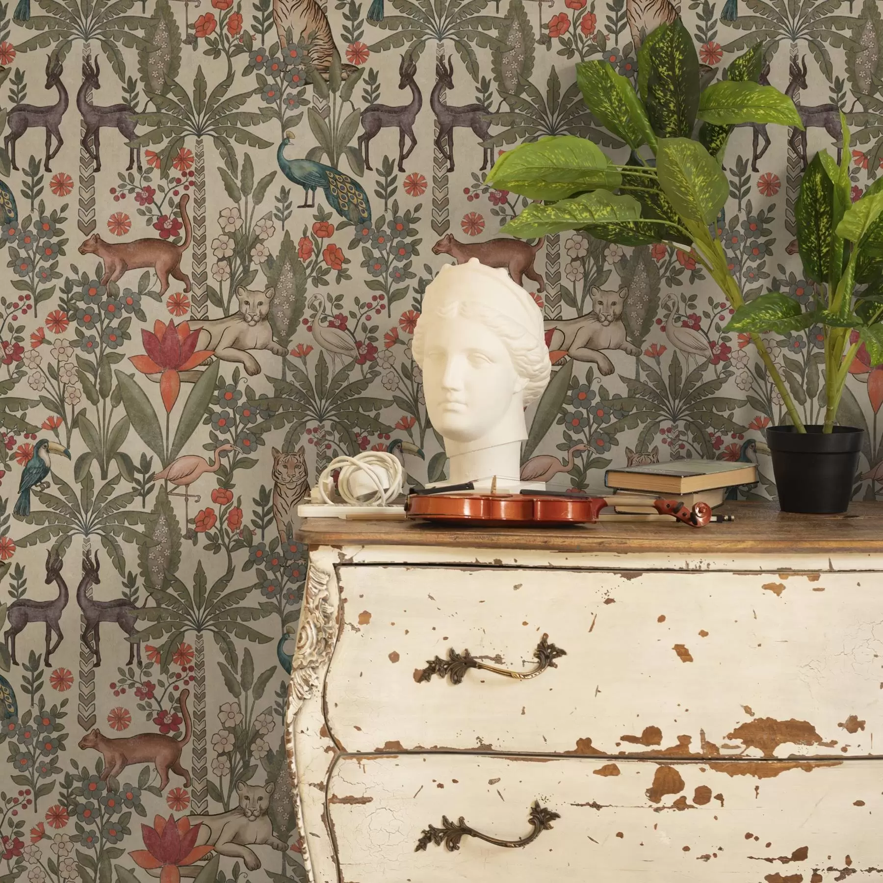 Fototapetes Retro stils: Dzīvnieki un ziedi uz vintage fona a00431