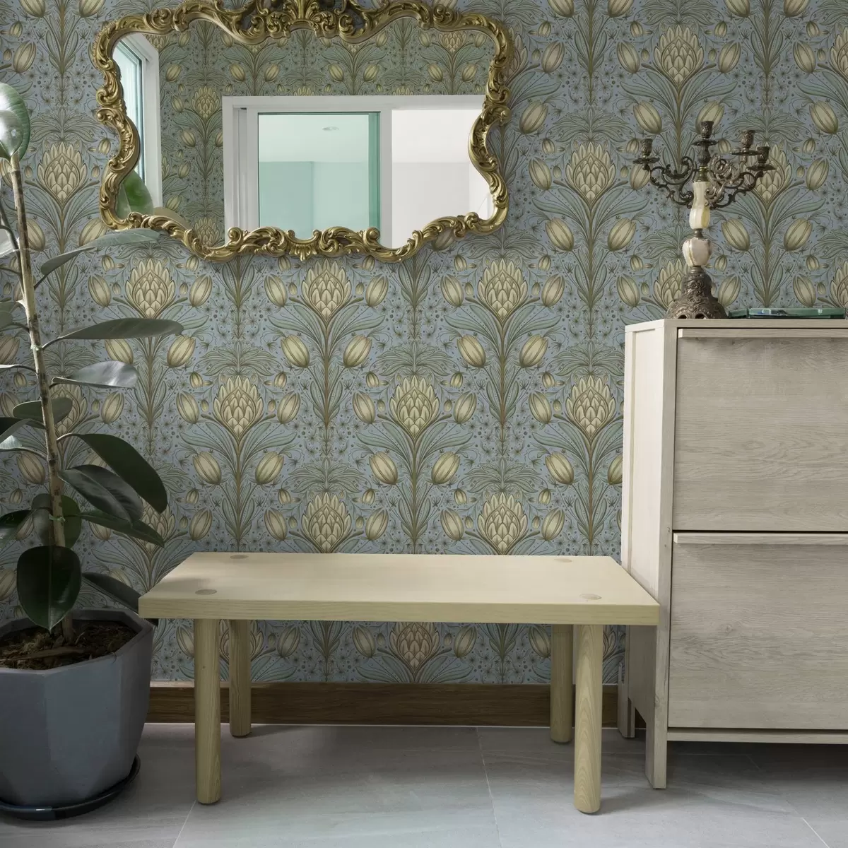 Tapetes Zils raksts ar artišokiem un tulpēm a00435