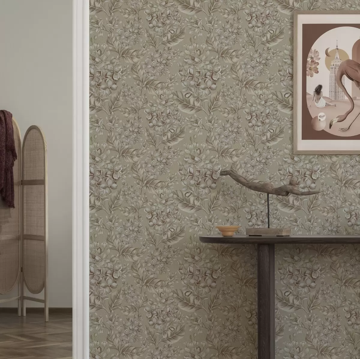 Tapetes Smilškrāsas zari ar baltiem ziediem siltos toņos a00441