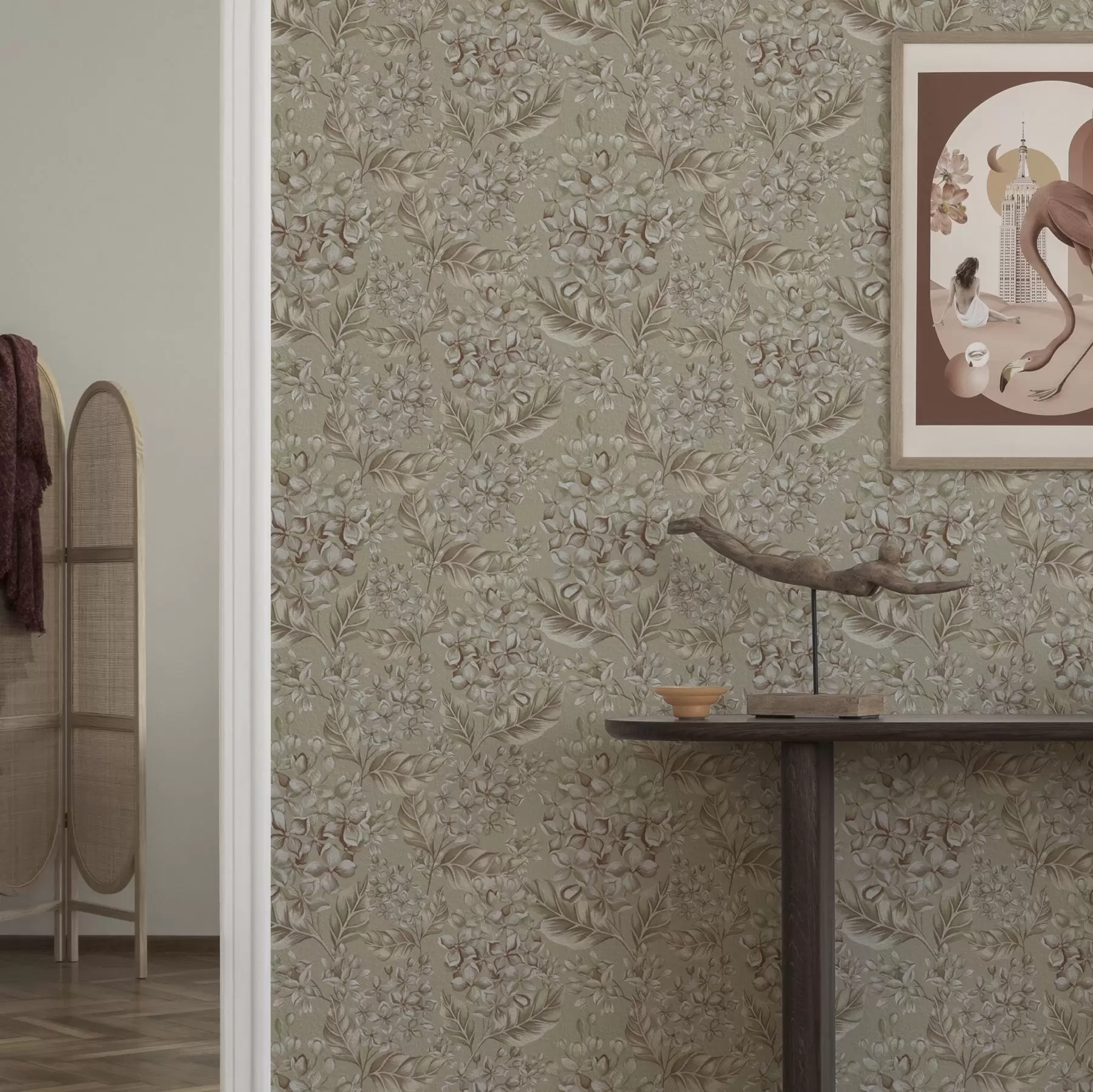 Fototapetes Smilškrāsas zari ar baltiem ziediem siltos toņos a00441