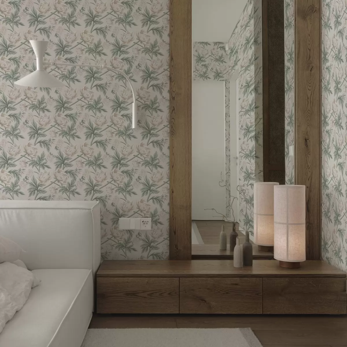 Tapetes Sulīgas peonijas gaiši bēšā un zaļā bēšā un zaļā krāsā a00445