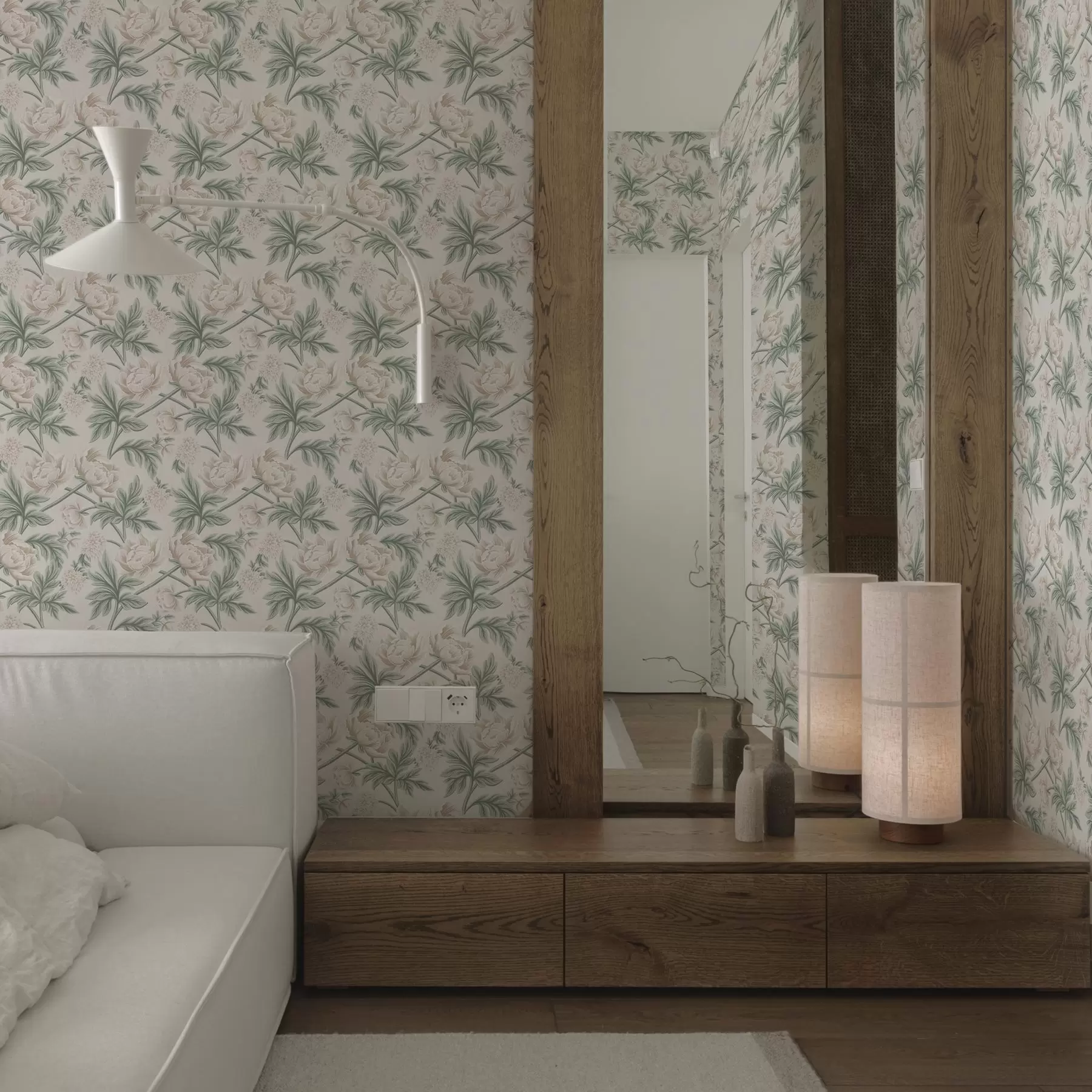 Fototapetes Sulīgas peonijas gaiši bēšā un zaļā bēšā un zaļā krāsā a00445