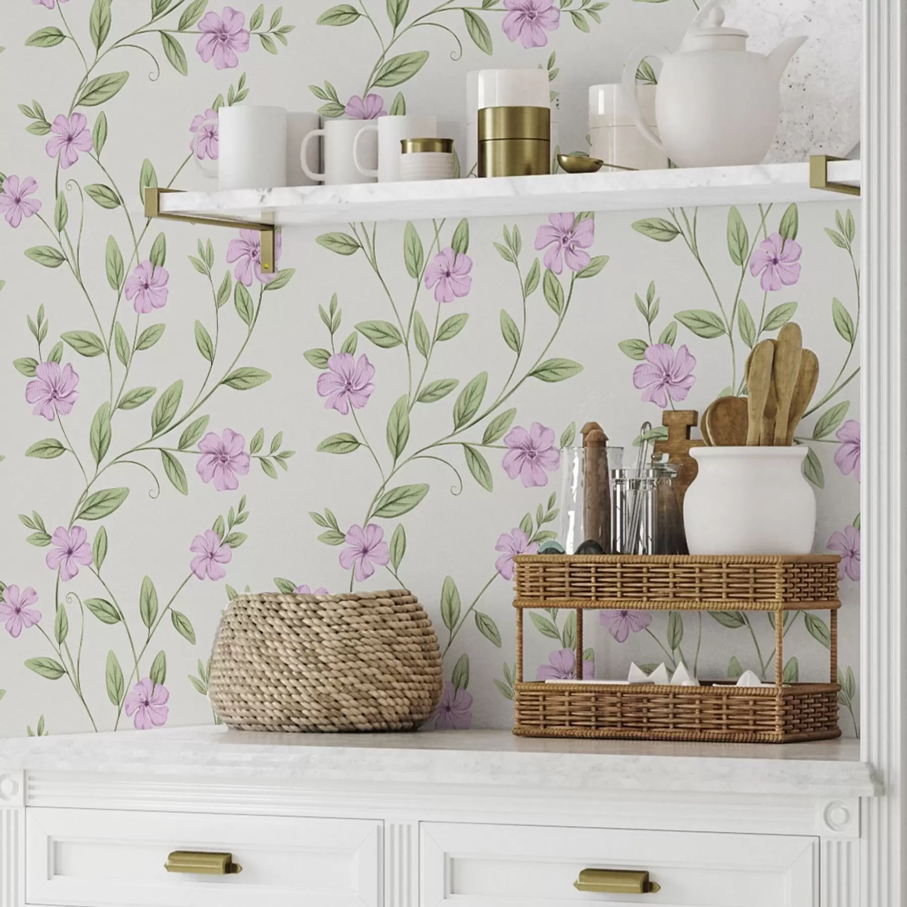 Fototapetes Rozā ziedi ar zaļiem vīnogulājiem uz krēmkrāsas fona a00453