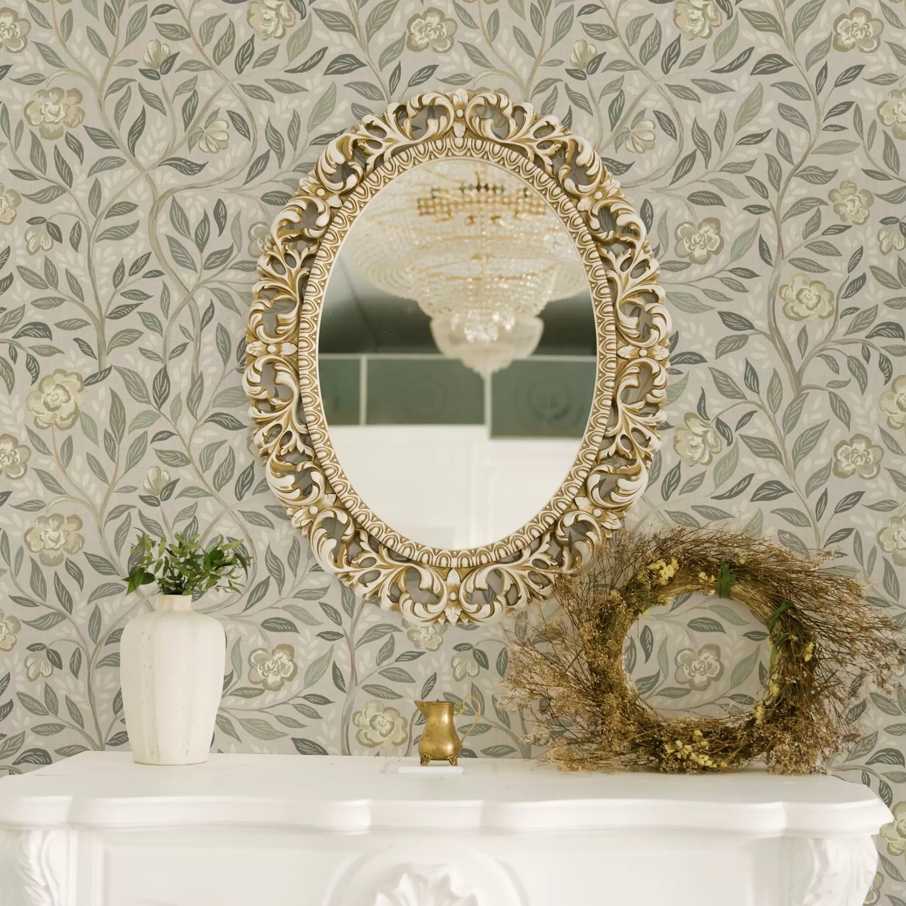 Fototapetes Krēmveida rozes un olīvu lapas uz putekļaini rozā fona a00455