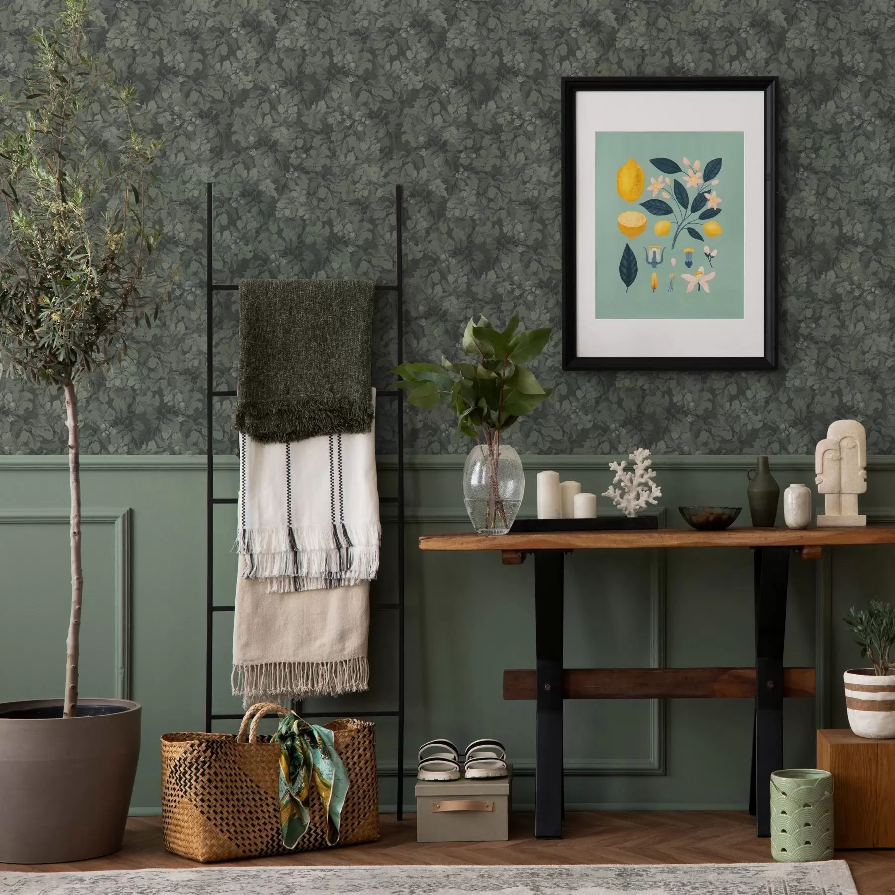 Fototapetes Tumša lapu tekstūra ar tumši zaļām ozolzīlēm a00461