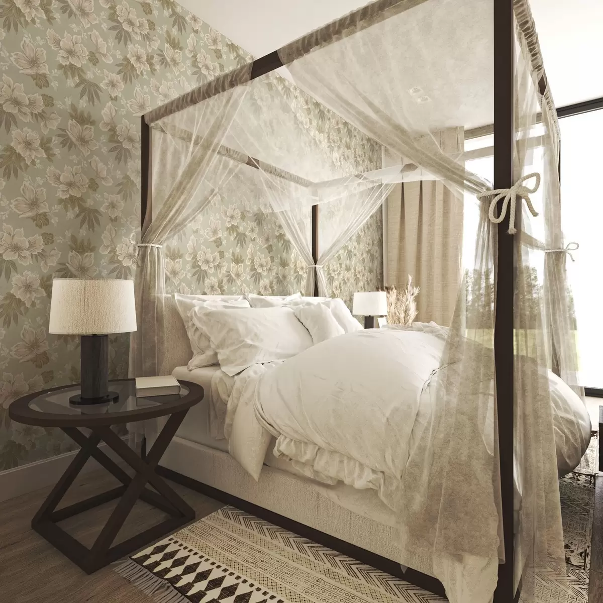 Tapetes Krēmkrāsas ziedi uz olīvu zaļa fona a00462