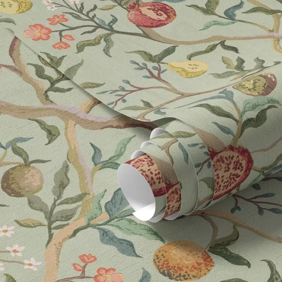 Fototapetes Granātābolu augļi, bumbieri un ziedi uz gaiši zaļa fona a00465