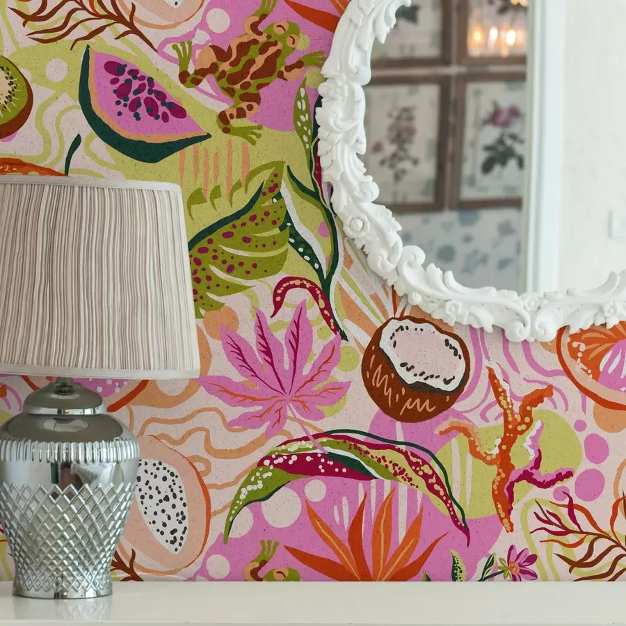 Fototapetes Eksotiski augļi, lapas un hameleoni tropu stilā a00469