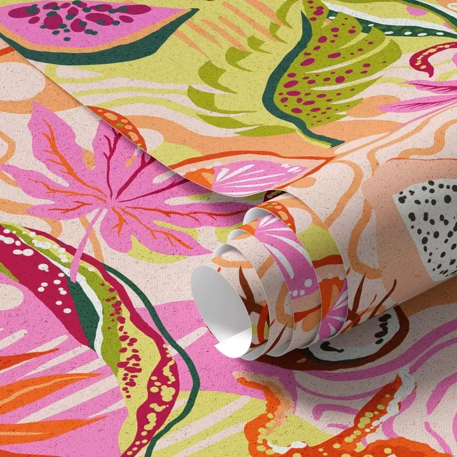 Fototapetes Eksotiski augļi, lapas un hameleoni tropu stilā a00469