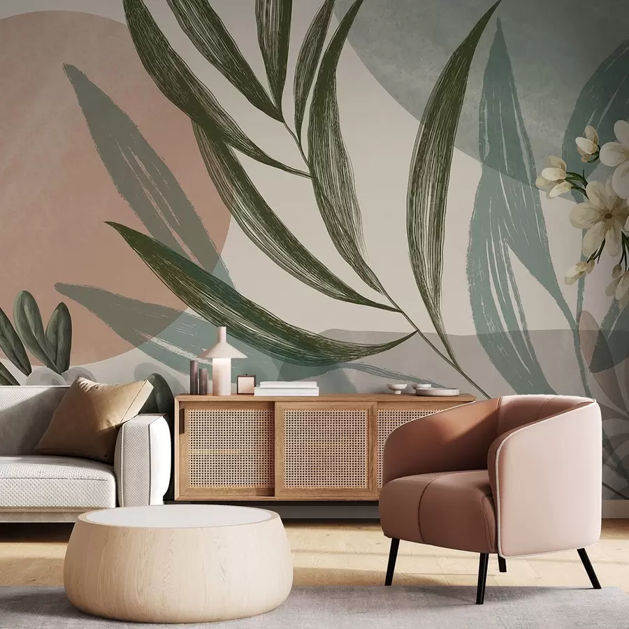 Fototapetes Abstraktā botāniskā māksla ar zaļām palmu lapām un baltām ogām uz fona, kas veidots no formām pieklusinātos zemes toņos w09312