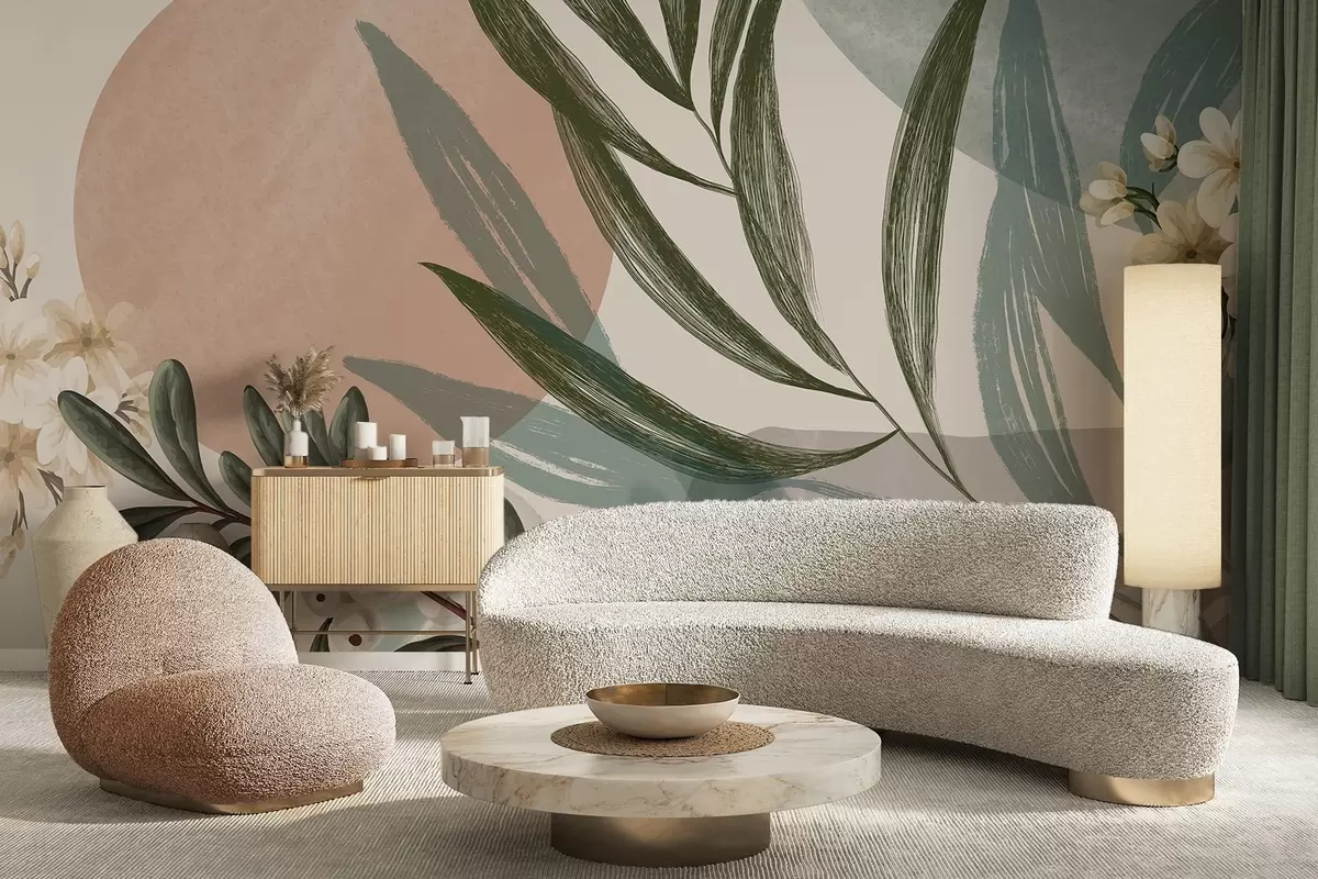 Fototapetes Abstraktā botāniskā māksla ar zaļām palmu lapām un baltām ogām uz fona, kas veidots no formām pieklusinātos zemes toņos w09312