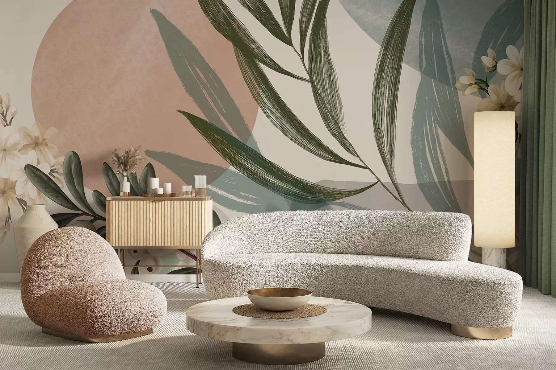 Fototapetes Abstraktā botāniskā māksla ar zaļām palmu lapām un baltām ogām uz fona, kas veidots no formām pieklusinātos zemes toņos w09312