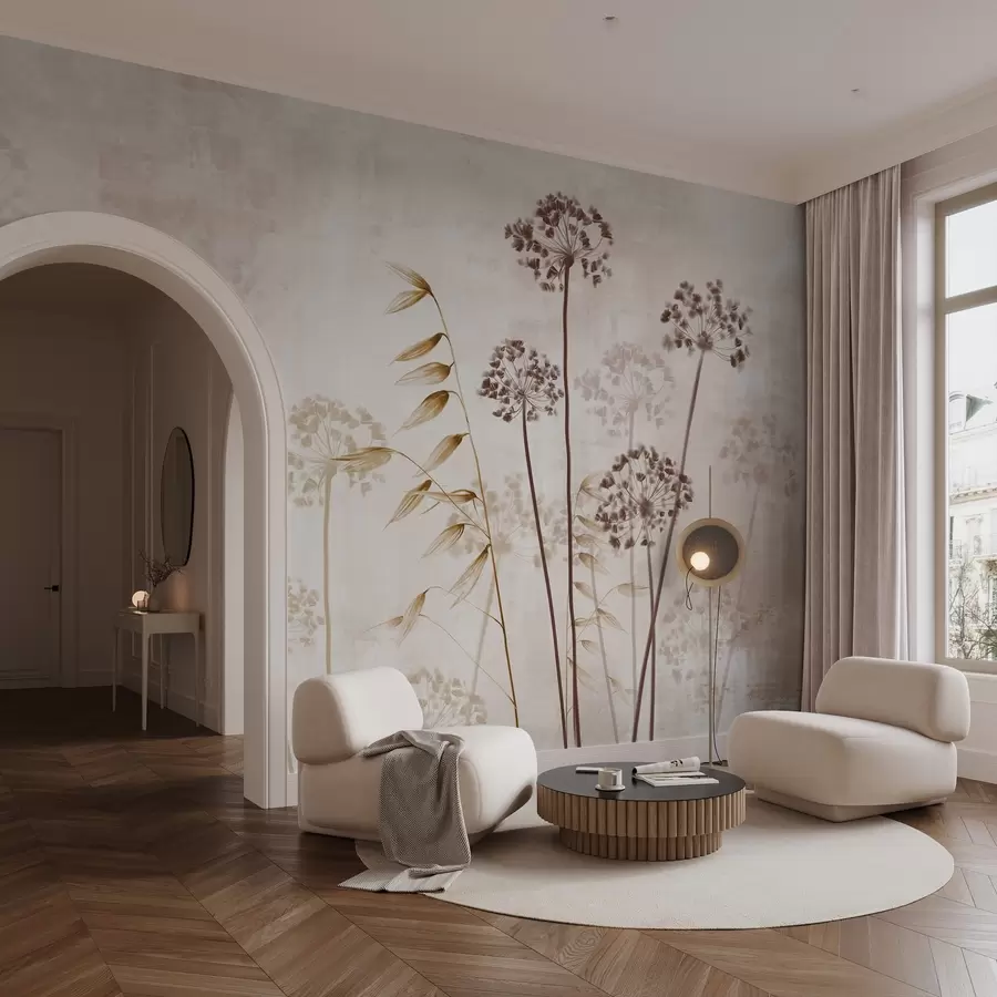 Fototapetes Žāvētu ziedu zīmējums ar gariem kātiņiem, melnbalta palete, uz fakturēta, gaiši bēša fona, botāniska ilustrācija w09314v1