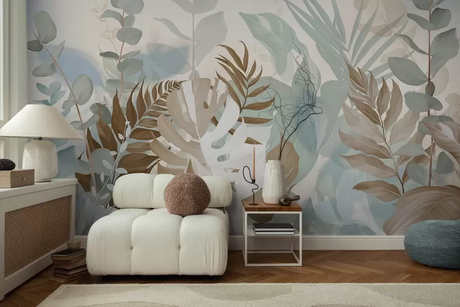 Fototapetes Pastelis augu papardes, monstera un eikalipts, gaismas teksturēts fons, mīksts apgaismojums, mierīgs , botāniska ilustrācija w09316v1