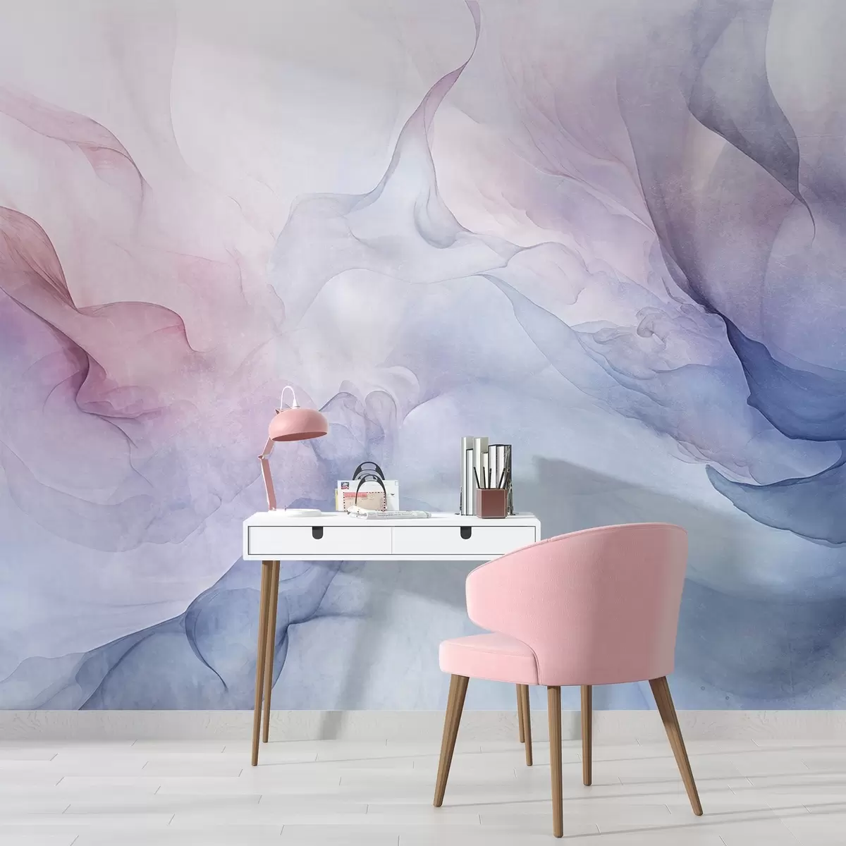 Fototapetes Abstrakta fakturēta glezna ar plūstošiem rozā, violetiem un ziliem pasteļtoņiem, kas rada maigu efektu w09318