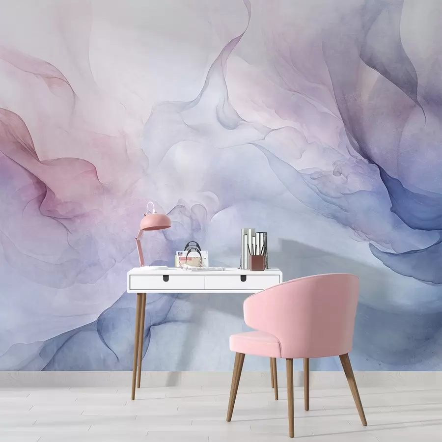 Fototapetes Abstrakta fakturēta glezna ar plūstošiem rozā, violetiem un ziliem pasteļtoņiem, kas rada maigu efektu w09318