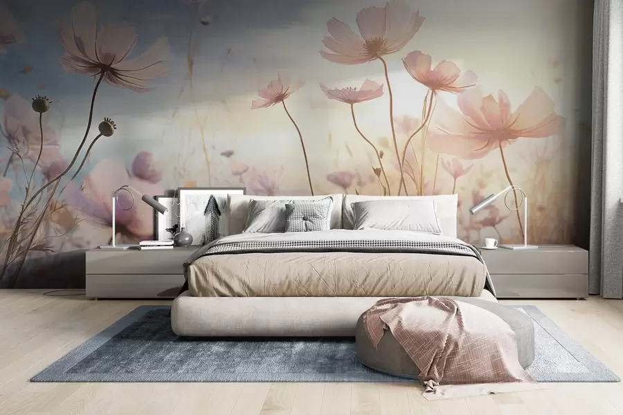 Fototapetes Rozā tekstūras ziedu lauks ar gariem kātiņiem uz maigi zilas un dzeltenas debess fona, kas rada sapņainu atmosfēru w09320