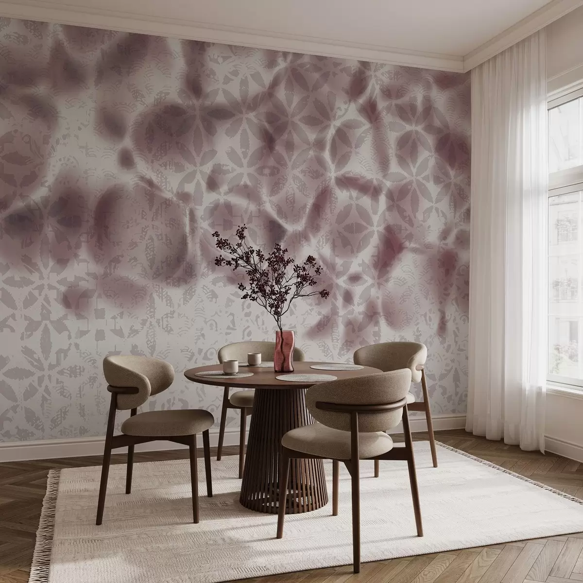 Fototapetes Abstraktā tekstūra ar bordo ziedu apdruku, izbalējušu un izplūdušu efektu, kas rada maigu un sapņainu atmosfēru w09322v1