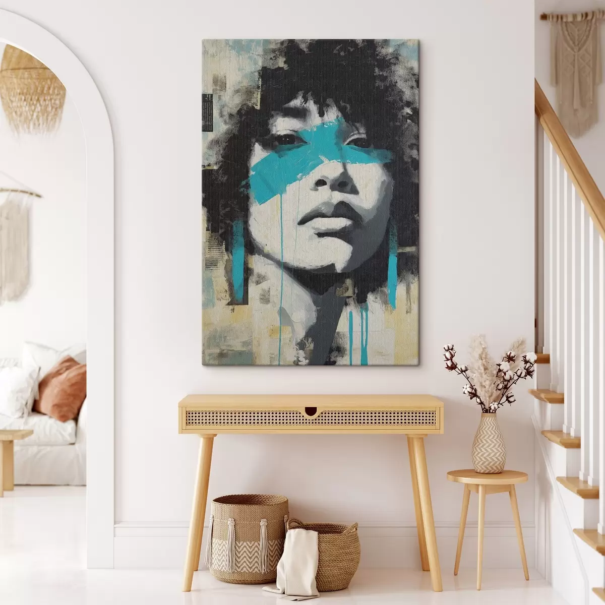 Glezna Jauktu mediju portrets ar krāsu triepienu un faktūru fragmentiem s45417