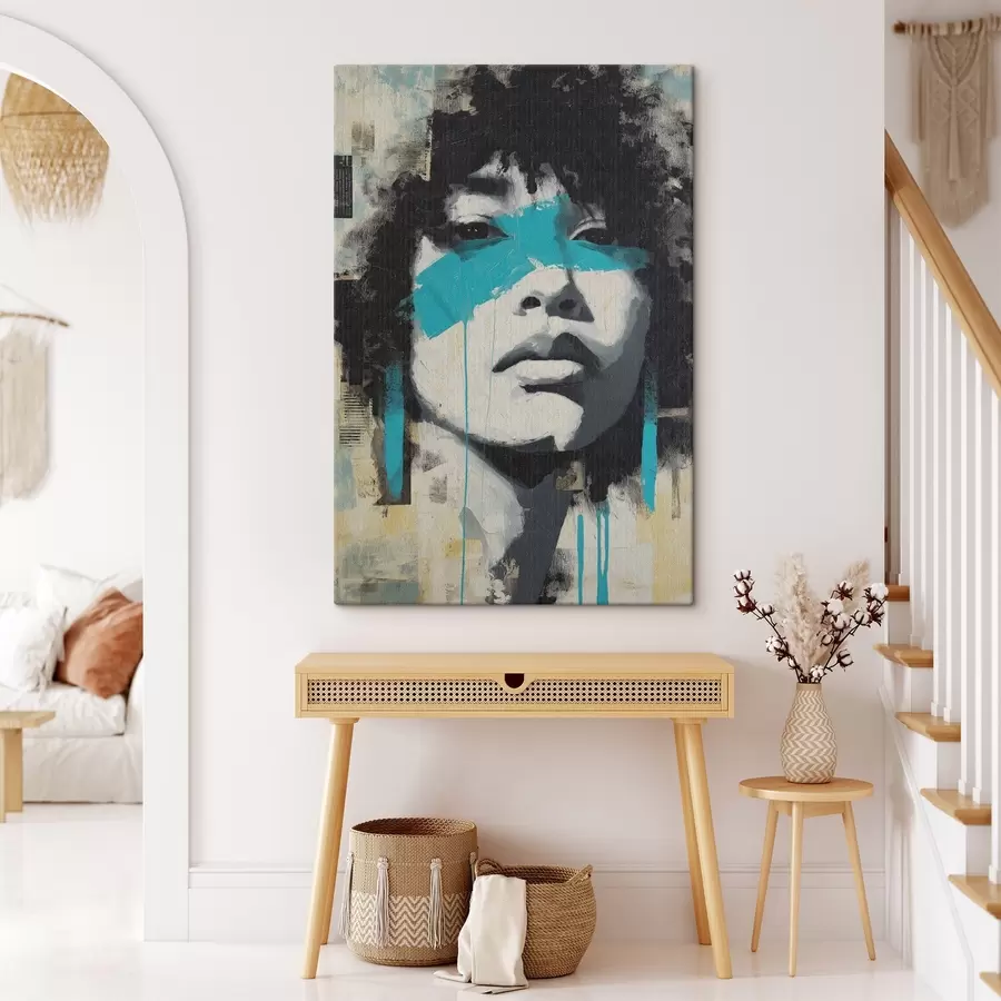 Glezna Jauktu mediju portrets ar krāsu triepienu un faktūru fragmentiem s45417