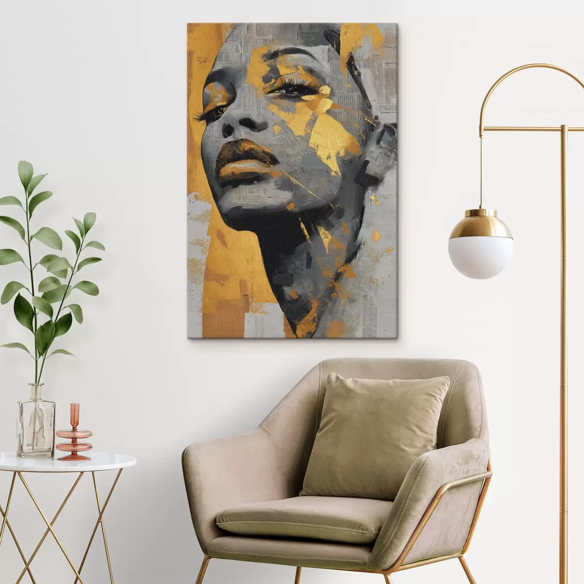 Glezna Jauktu mediju portrets ar avīžu fragmentiem un dekoratīviem otas triepieniem s45419