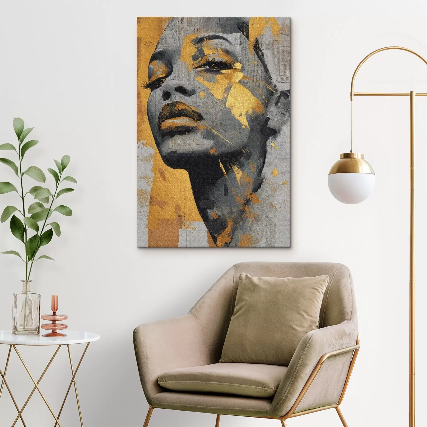 Glezna Jauktu mediju portrets ar avīžu fragmentiem un dekoratīviem otas triepieniem s45419