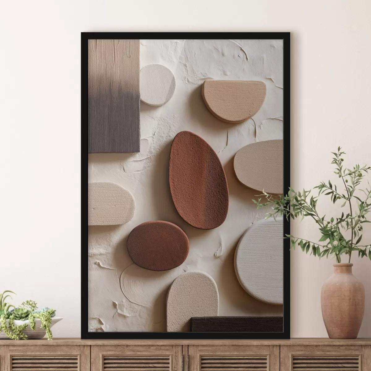 Plakāts Abstrakta kompozīcija ar trīsdimensiju ģeometriskām figūrām uz reljefa fona f45409