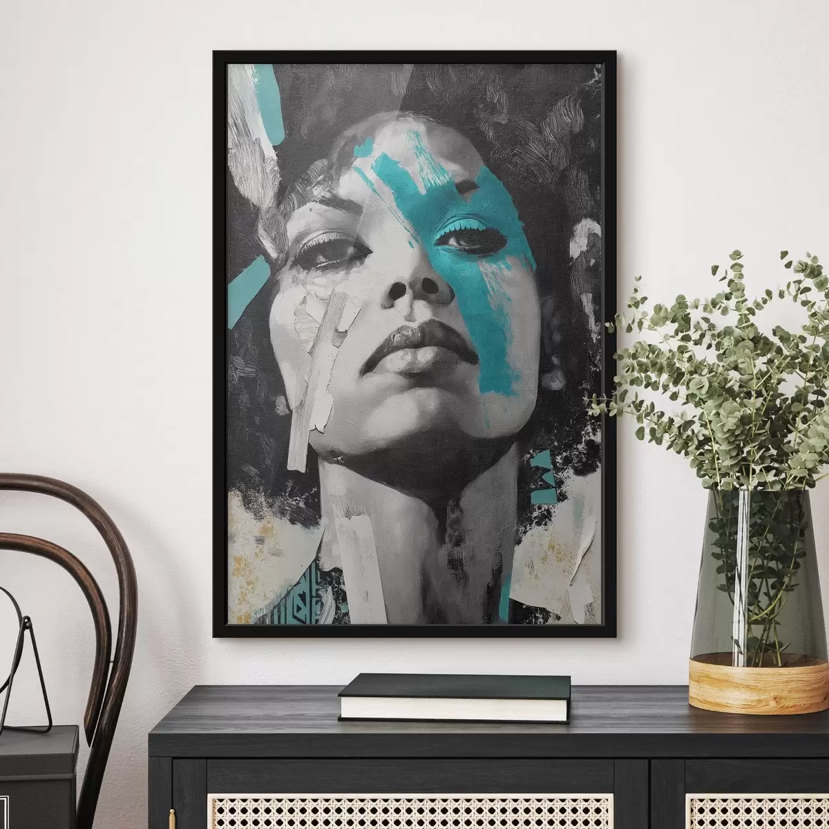 Plakāts Jauktu mediju portrets ar krāsu triepienu un faktūru fragmentiem f45416