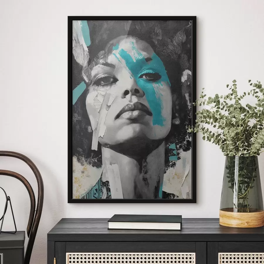 Fototapetes Jauktu mediju portrets ar krāsu triepienu un faktūru fragmentiem f45416