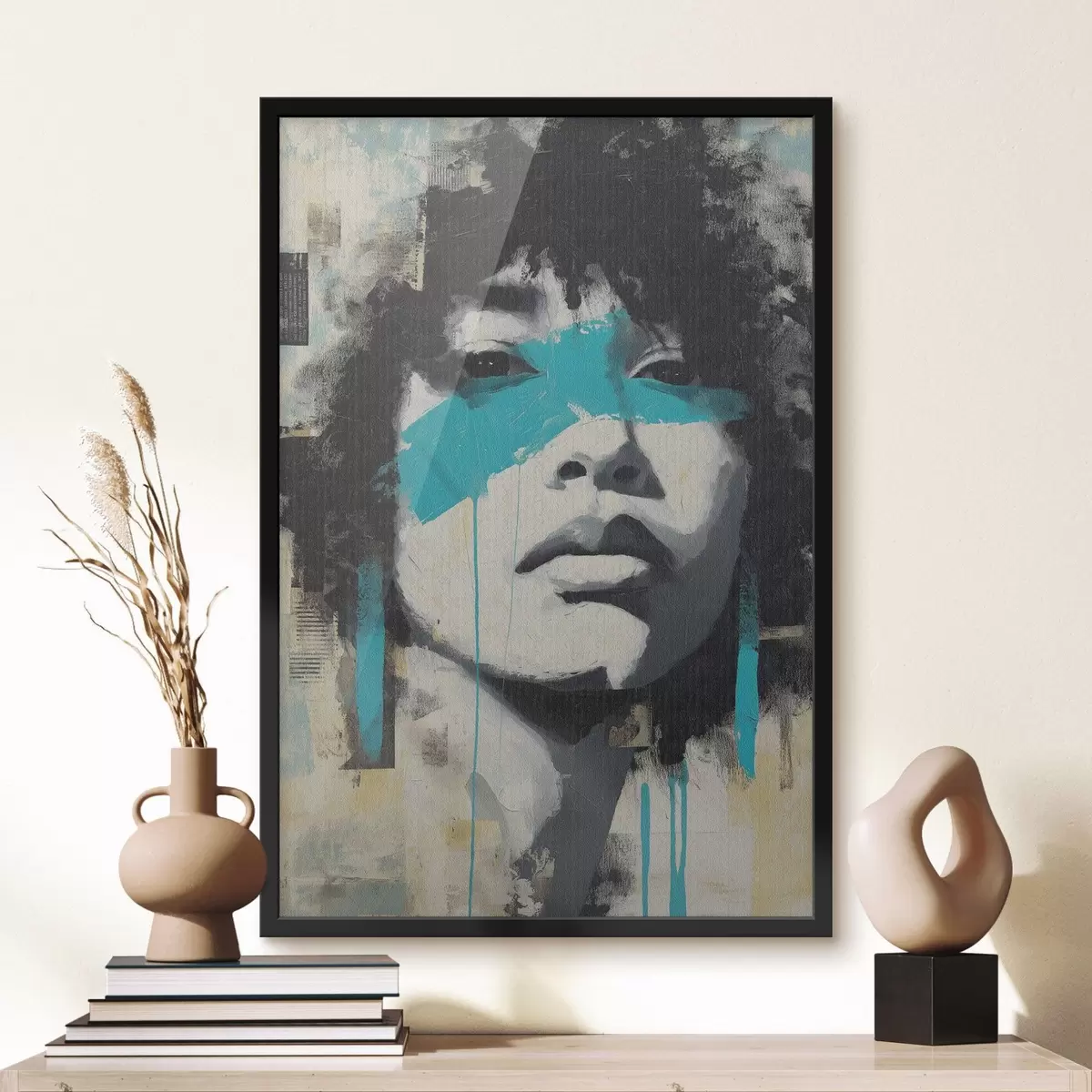 Plakāts Jauktu mediju portrets ar krāsu triepienu un faktūru fragmentiem f45417