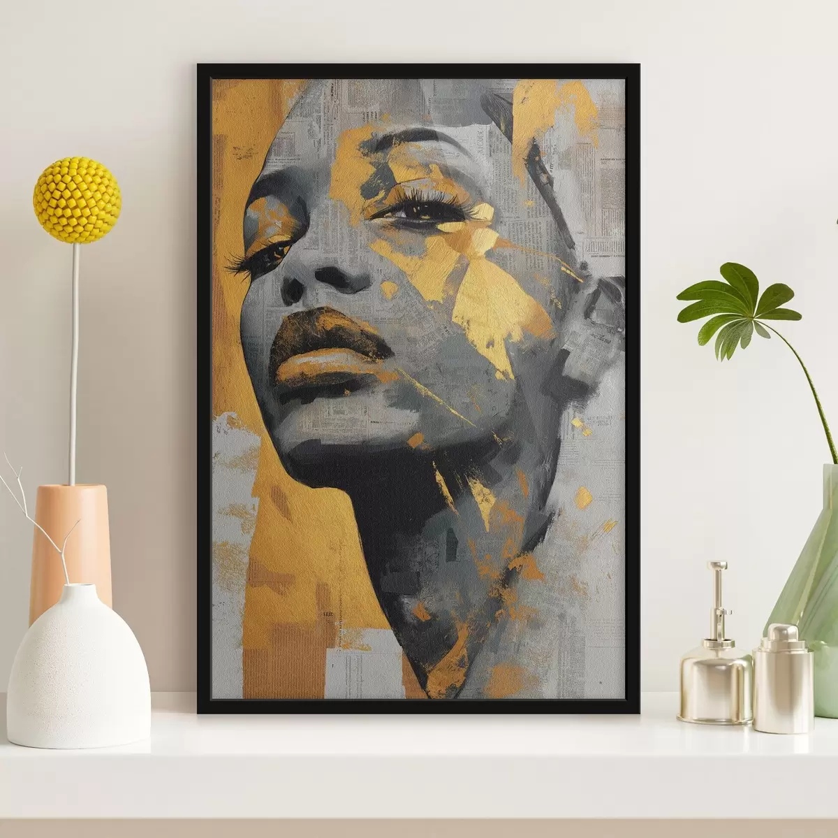 Plakāts Jauktu mediju portrets ar avīžu fragmentiem un dekoratīviem otas triepieniem f45419