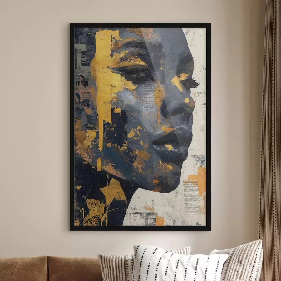 Fototapetes Jauktu mediju portrets ar avīžu fragmentiem un dekoratīviem otas triepieniem f45420