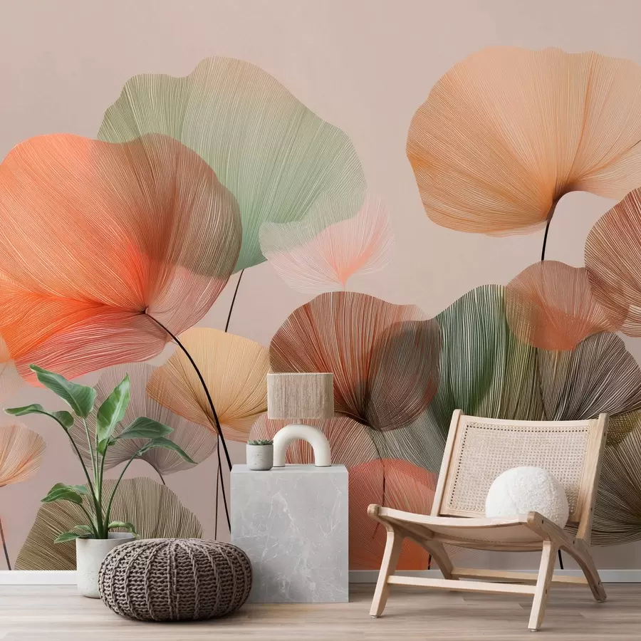 Fototapetes daudzkrāsainas ginkgo lapas ar dzīslām w04305