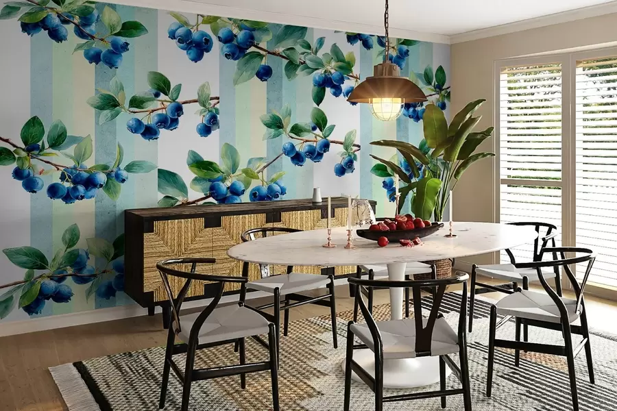 Fototapetes melleņu ķekari uz svītraina fona w04307