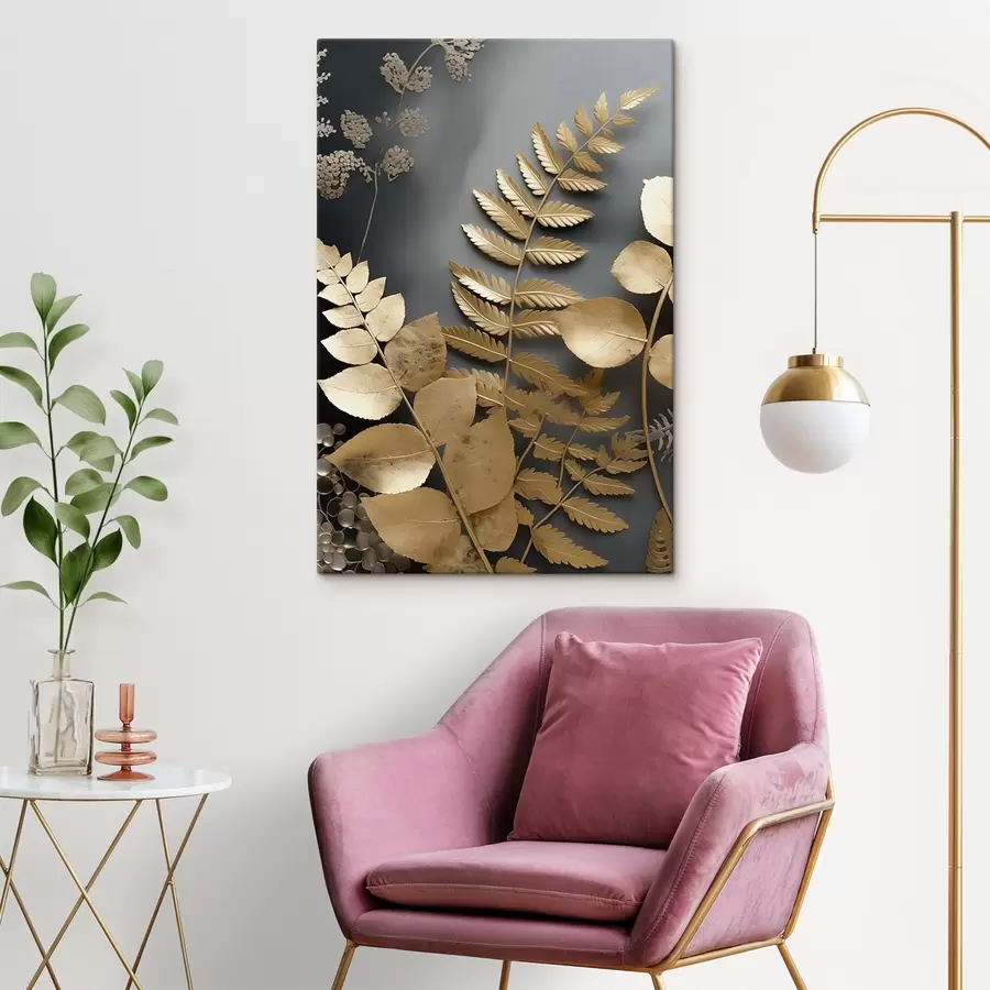 Glezna Eikalipta zari un tropu lapas uz tumša fona s45333