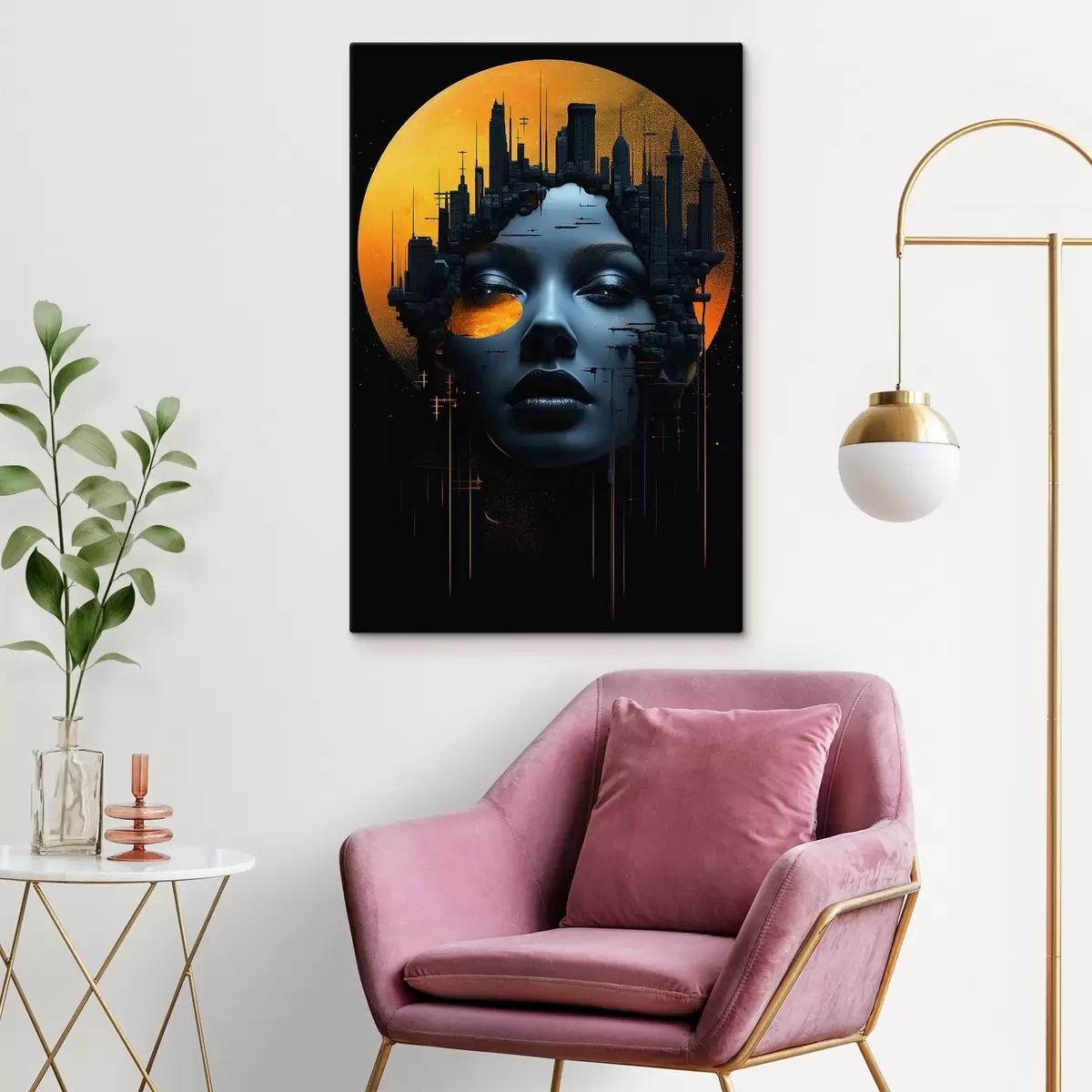 Glezna Cilvēki, meitenes seja uz pilsētas fona, abstrakts s45341