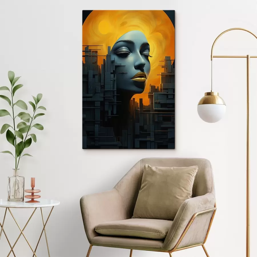 Glezna Cilvēki, meitenes sejas pilsēta uz abstrakta fona s45342